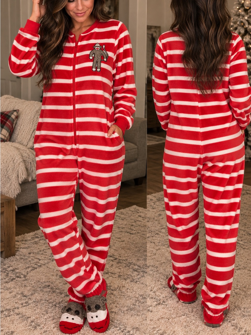 Nick & Nora Red and White Striped Sock Monkey Plush Pajamas Onesie